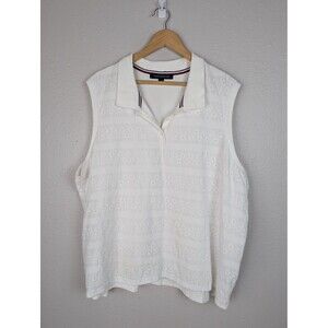 Tommy Hilfiger Polo Shirt Womens 3X White Sleeveless Eyelet Embroidered Collared